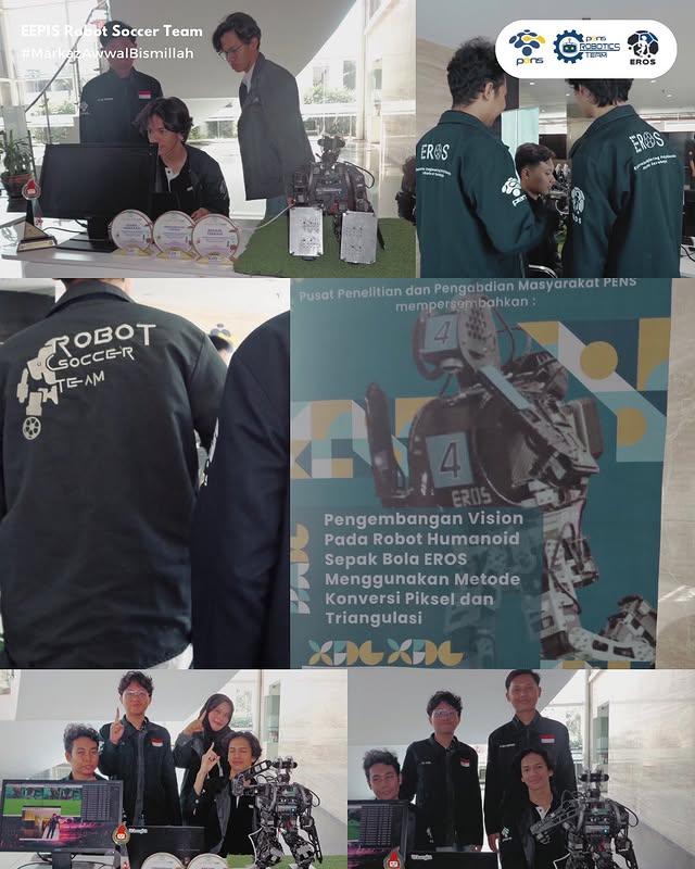 EROS booth documentation showing team members, a humanoid soccer robot, and a project display during Berdikari 2025.
