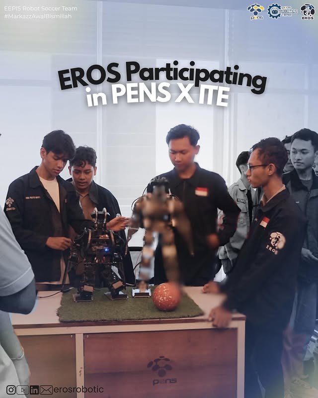 EROS team members demonstrating a humanoid soccer robot at the PENS × ITE booth.