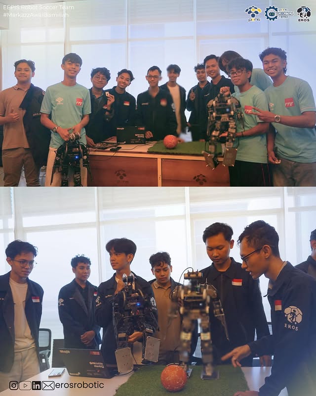 EROS team members standing with two humanoid soccer robots at the PENS × ITE booth.