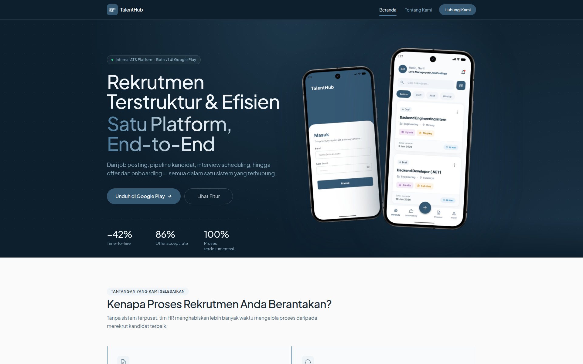 TalentHub landing page introducing its end-to-end recruitment platform and mobile application.